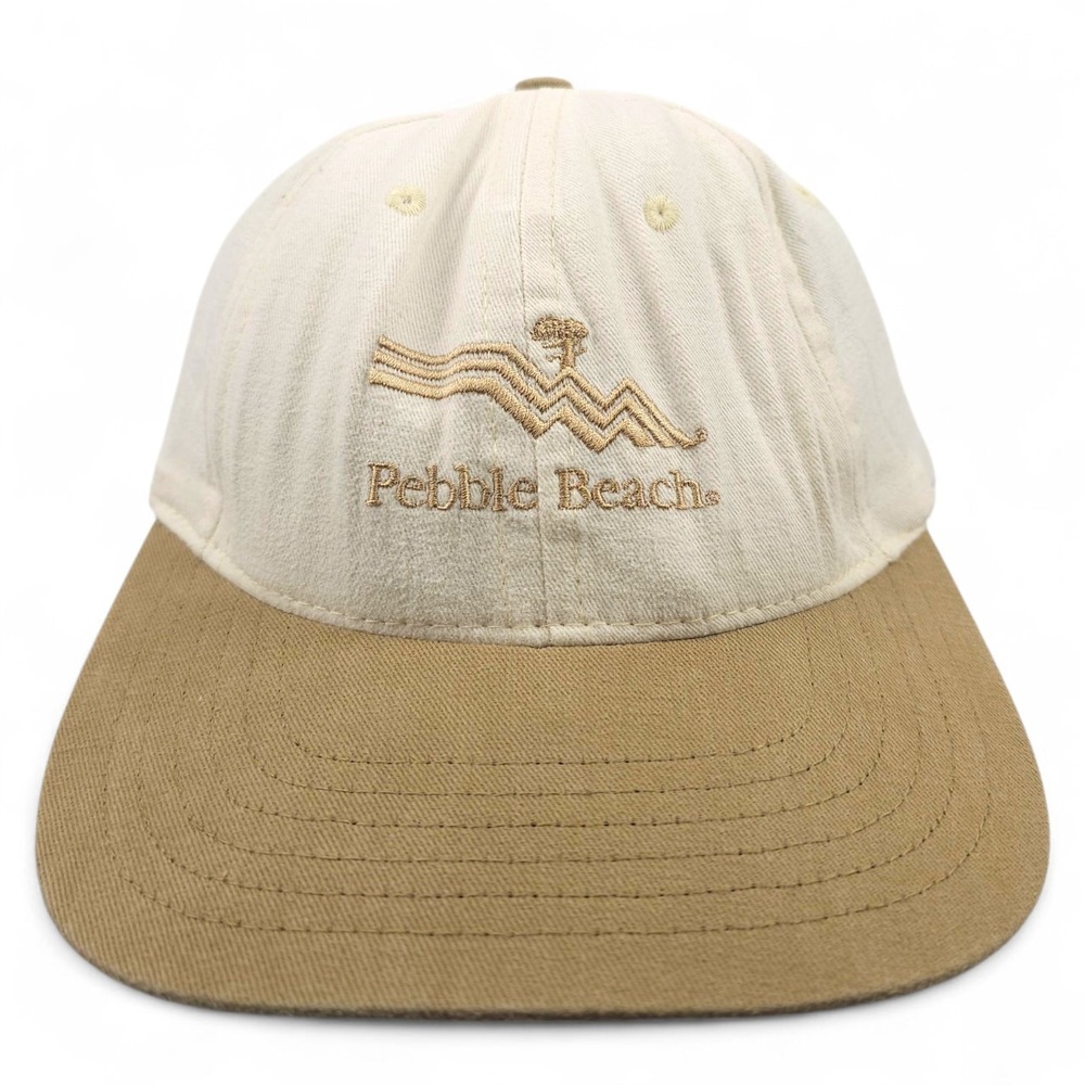 Vintage Pebble Beach Golf Hat Cap Legendary Headwear Two Tone Tan Cream 90s Y2K
